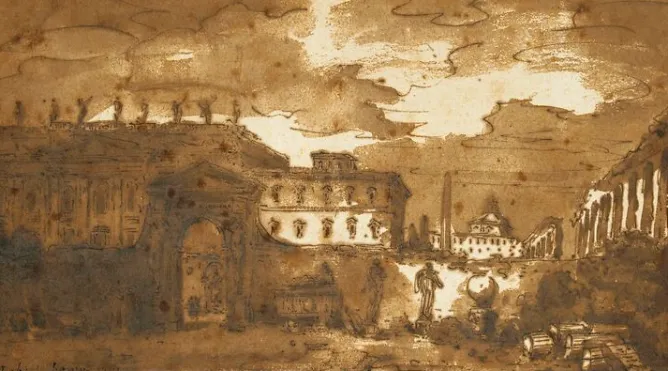 Boutiques de musées A Rome : intérieur d'une cour où sont déposés des fragments d'antiques (panneaux acryliques) New