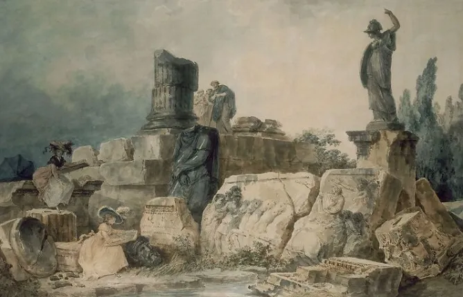 Affiches D'Art|Toiles Sur Châssis<Boutiques de musées Deux jeunes femmes dessinant dans un site de ruines antiques (affiches d'art)
