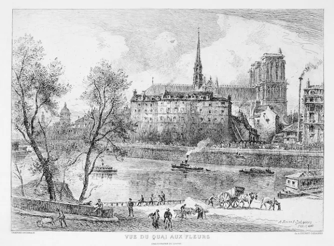 Boutiques de musées Estampe Vue du quai aux fleurs en 1880 - Alfred-Louis Brunet-Debaines Sale