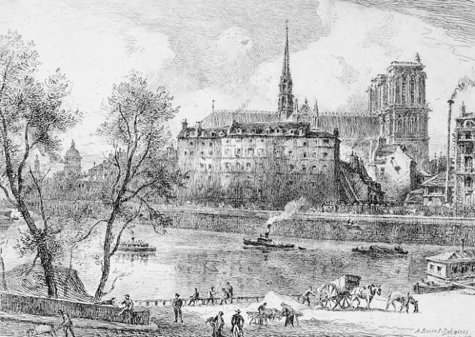 Boutiques de musées Estampe Vue du quai aux fleurs en 1880 - Alfred-Louis Brunet-Debaines Sale