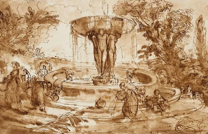 Boutiques de musées Femmes et enfants prês d'une fontaine, ornée d'une vasque (panneaux acryliques)
