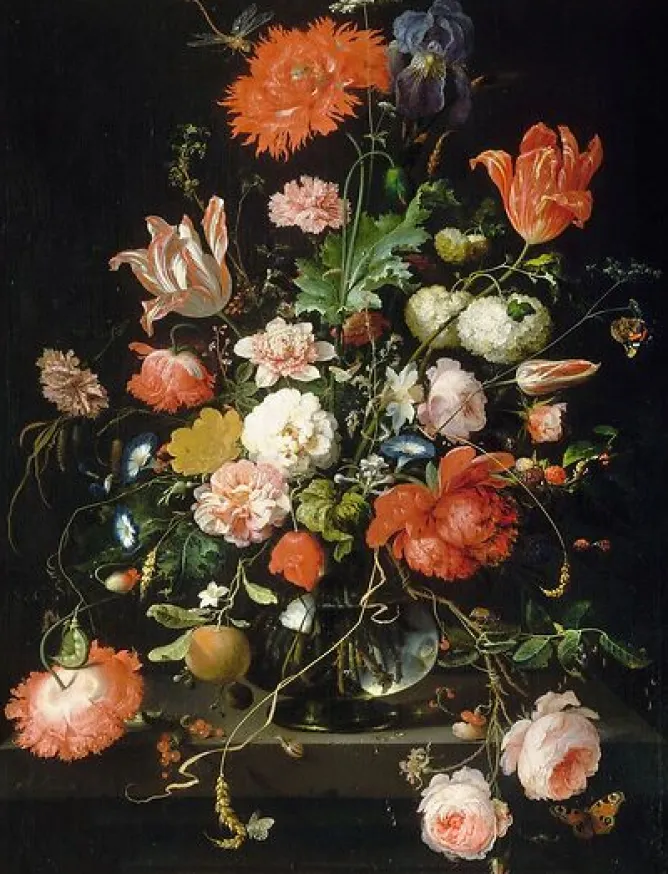 Boutiques de musées Fleurs dans une carafe de cristal placé sur un piédestal en pierre avec une libellule (panneaux aluminium) New