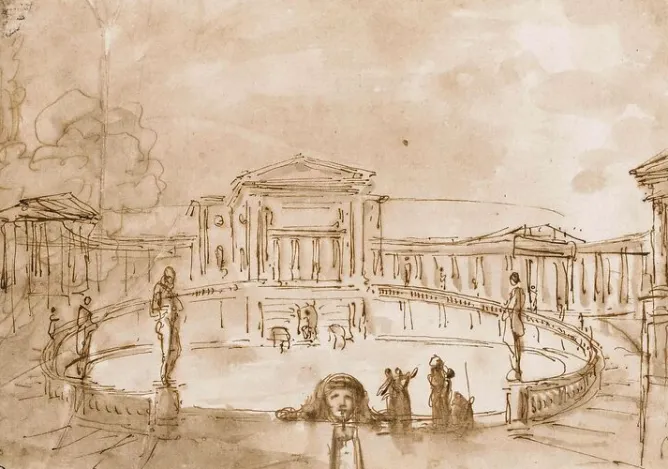 Boutiques de musées Grand bassin central entouré d'une balustrade, au centre d'une place (affiches d'art)