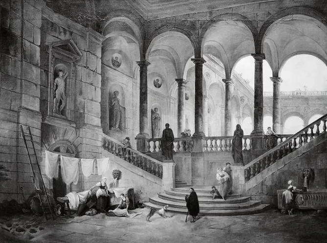 Affiches D'Art Encadrées|Toiles Sur Châssis<Boutiques de musées Grand escalier d'un palais avec lavandières (affiches d'art encadrées)
