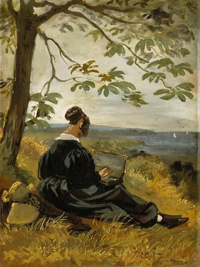 Boutiques de musées Jeune femme dessinant au pied d'un arbre (panneaux acryliques) Sale