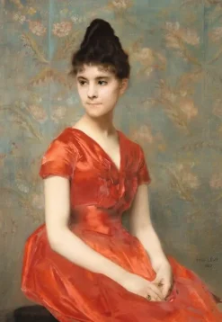 Panneaux Acryliques|Toiles Encadrées<Boutiques de musées Jeune fille en robe rouge sur fond de fleurs (panneaux acryliques)