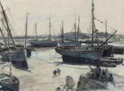 Panneaux Acryliques|Toiles Encadrées<Boutiques de musées Navires de pêche échoués sur la grève, avec plusieurs marins sur une jetée (panneaux acryliques)