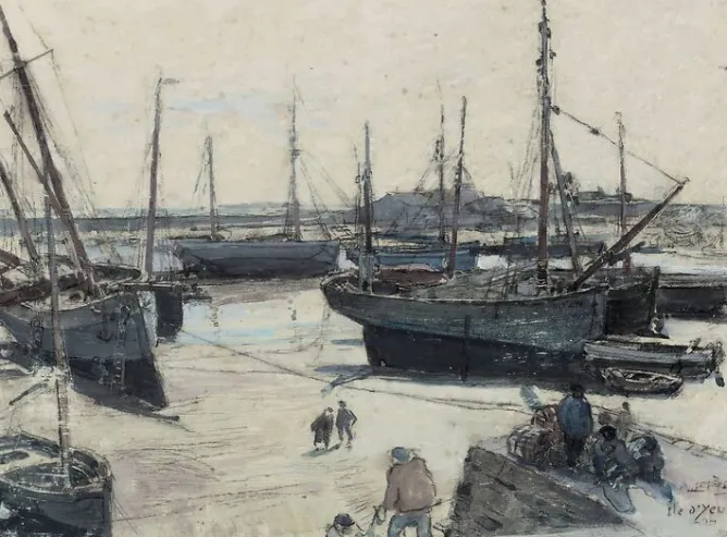 Panneaux Acryliques|Toiles Encadrées<Boutiques de musées Navires de pêche échoués sur la grève, avec plusieurs marins sur une jetée (panneaux acryliques)