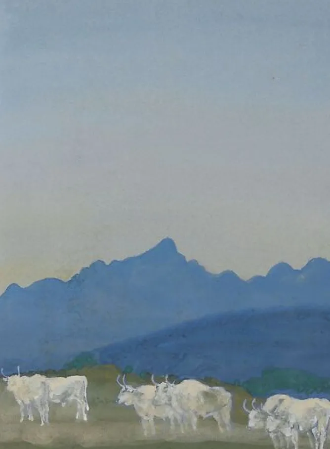 Panneaux Acryliques|Toiles Sur Châssis<Boutiques de musées Trois couples de taureaux blancs sur fond de montagnes (panneaux acryliques)